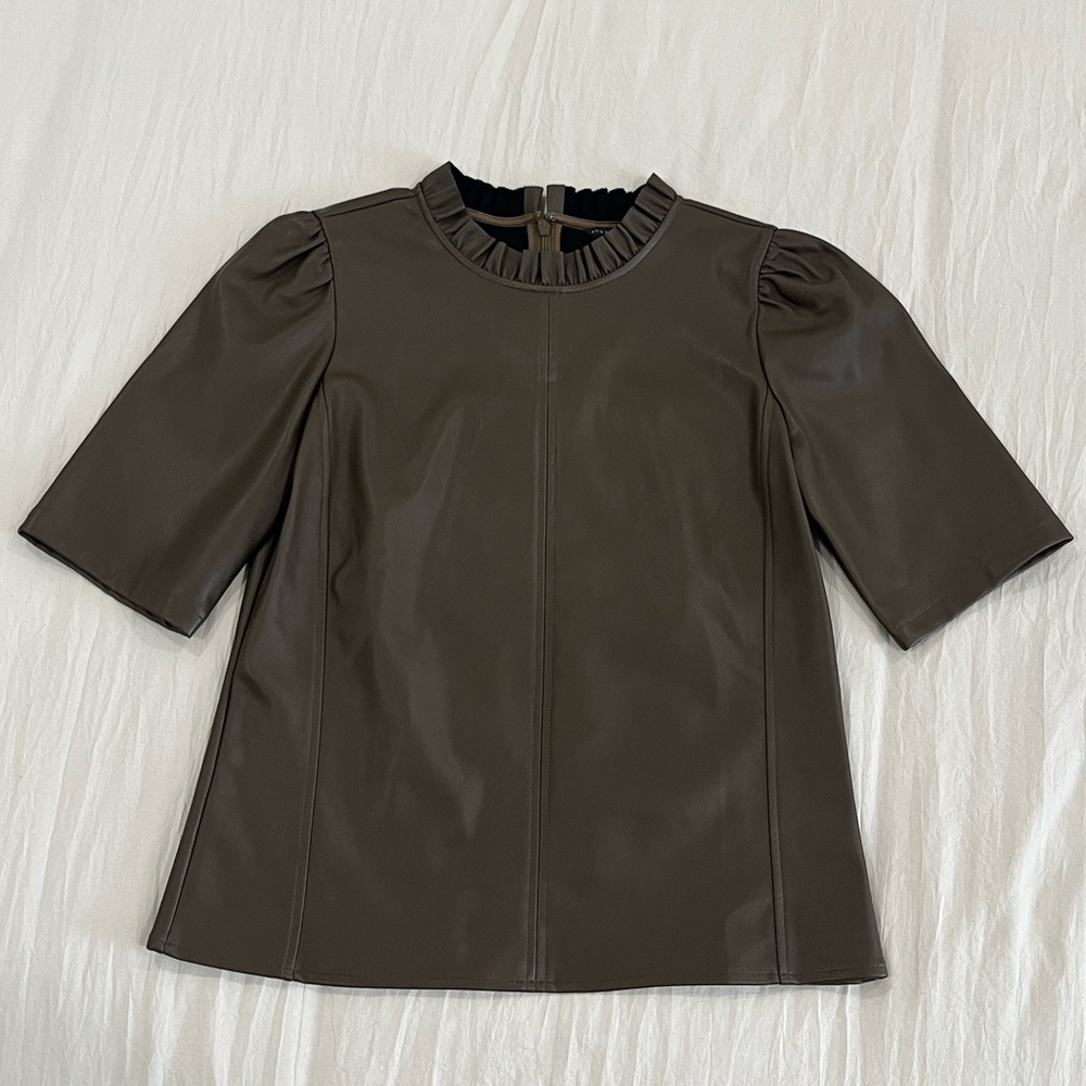 Ann Taylor Faux Leather Top in Mocha | Ruffled Neckline